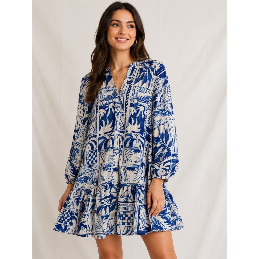 Rachel Zoe Blue White Tropical Tile Print Button Front Ruffle Mini Dress Small